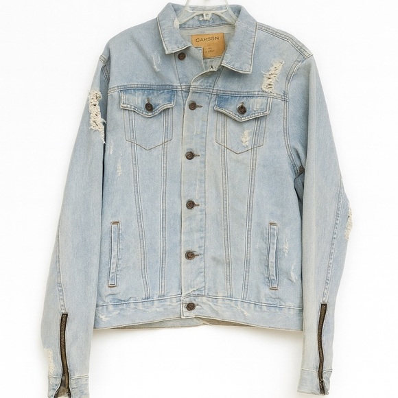 Carbon Jackets & Blazers - Carbon Brooklyn Women's Size Large Denim Jacket Distressed Zip Sleeves Ripped.